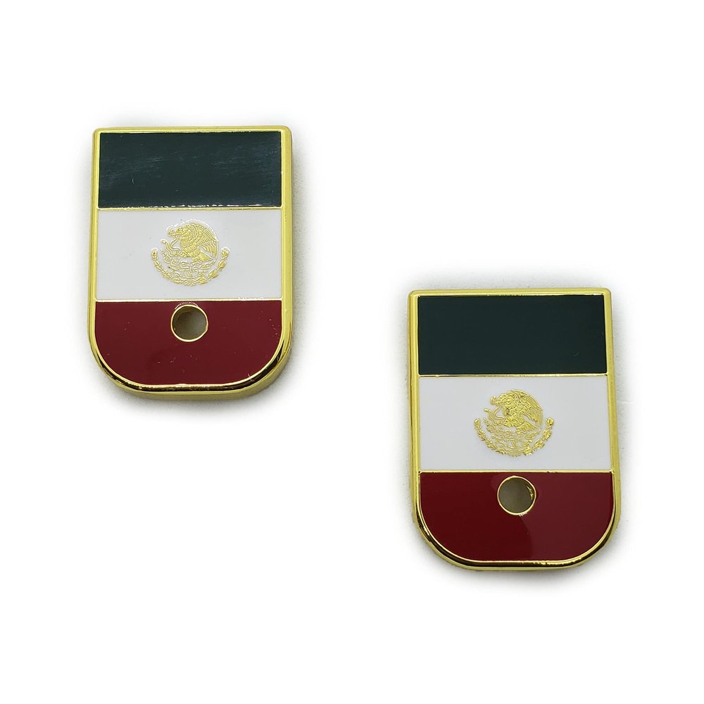 Tek_Tactical 2 X Custom Gen3 and Gen4 Magazine Floor Metal Plate Gold Plated Mexican Flag 17 19 22 to 39