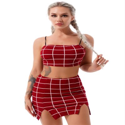 renvena Women 2 Piece Casual Skirts Sets Plaid Spaghetti Straps Crop Top with Split A Line Skirt Dance Outfits Red Large