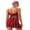 renvena Women 2 Piece Casual Skirts Sets Plaid Spaghetti Straps Crop Top with Split A Line Skirt Dance Outfits Red Large view 4