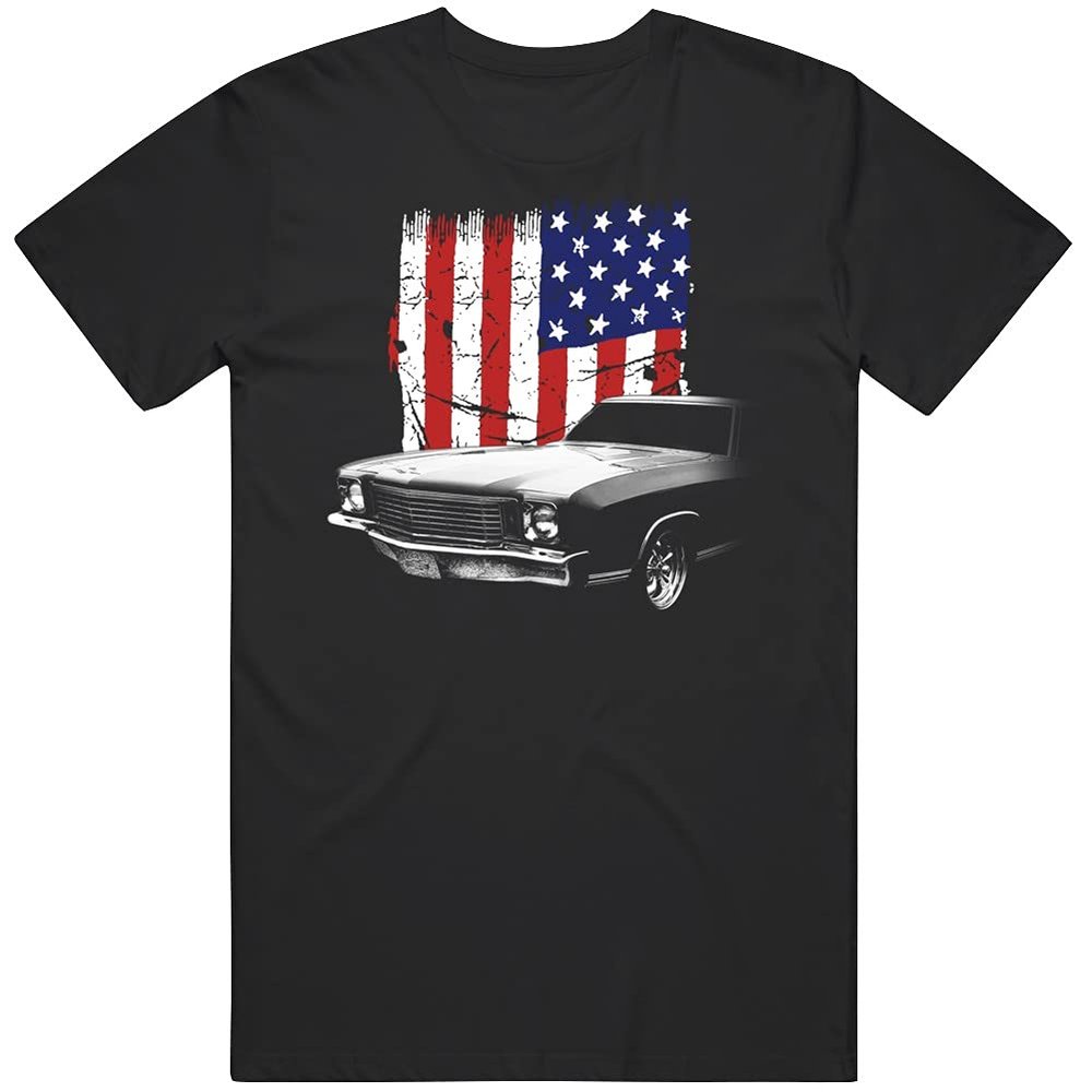 1972 Chevy Monte Carlo Front Side View with Us Flag T Shirt L Black