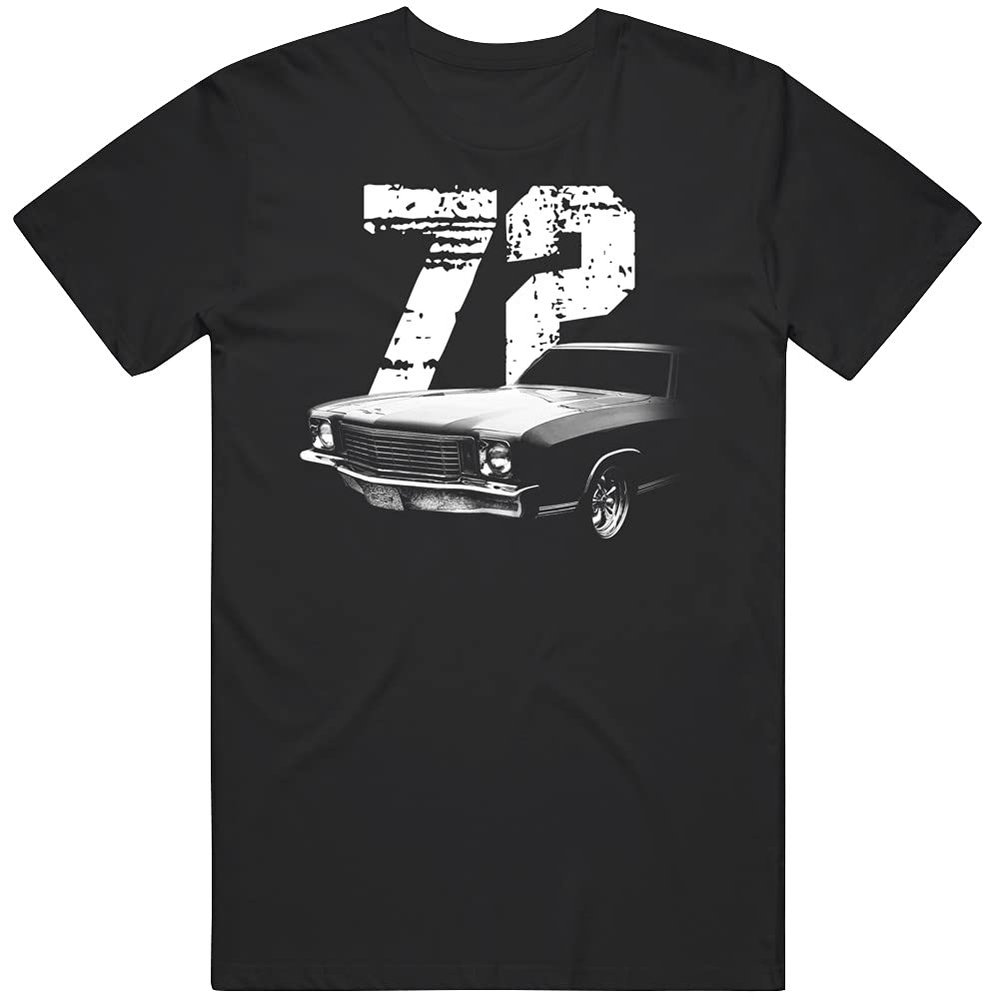 1972 Chevy Monte Carlo Front Side View Silhouette with Year T Shirt S Black