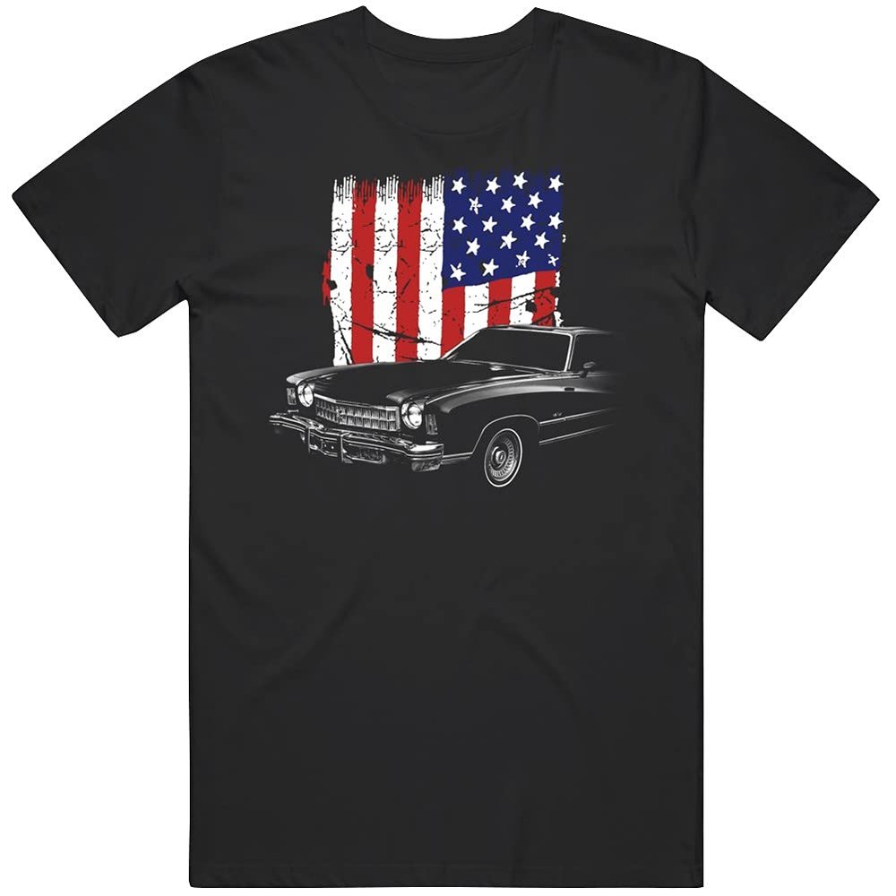 1975 Monte Carlo Front Side View with Us Flag T Shirt L Black