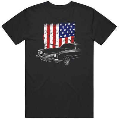 1975 Monte Carlo Front Side View with Us Flag T Shirt M Black