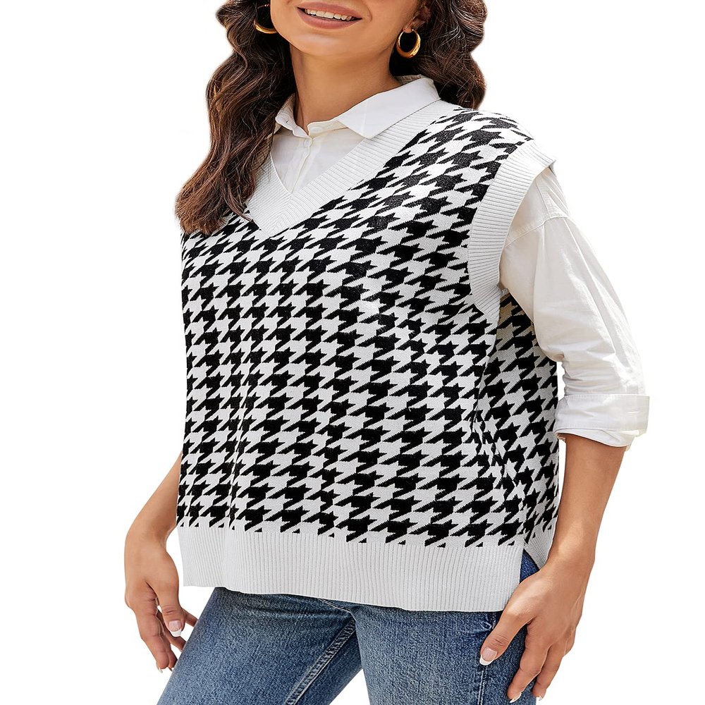 HOCOSIT Women's Houndstooth Knitted Vest Sweater V Neck Pullover Vintage Sleeveless Crop Knitwear White