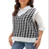 HOCOSIT Women's Houndstooth Knitted Vest Sweater V Neck Pullover Vintage Sleeveless Crop Knitwear White view 1