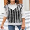 HOCOSIT Women's Houndstooth Knitted Vest Sweater V Neck Pullover Vintage Sleeveless Crop Knitwear White view 4