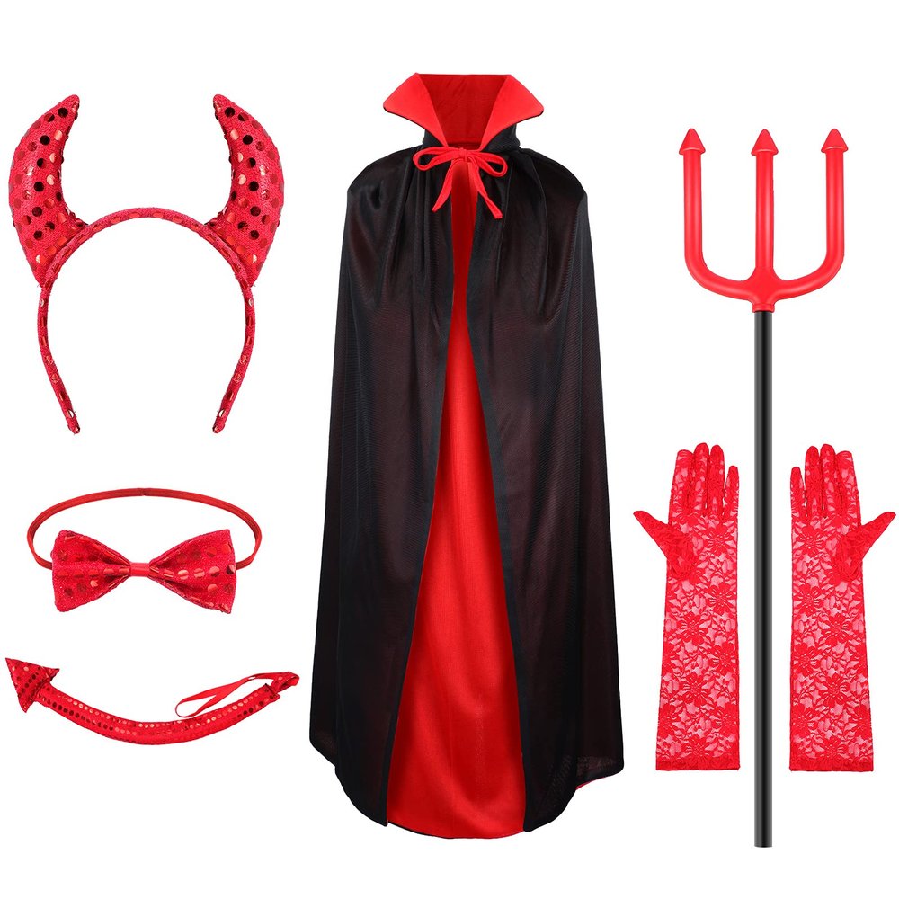 Geyoga 6 Pieces Halloween Costume Set evil Horn Tail Glittery Red Bow Tie evil Fork and Black Red Reversible Cape Lace Long Gloves for Men Women Teen Halloween Costume Accessories