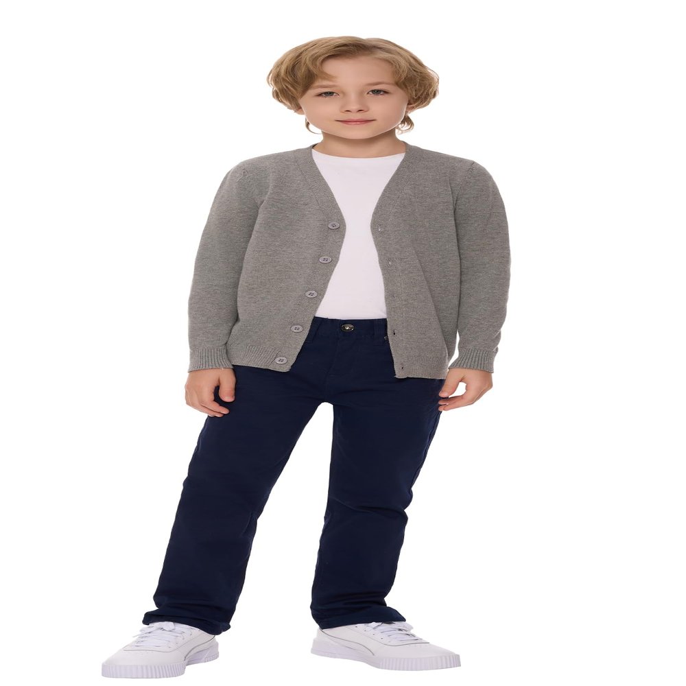 SMINLING Pinker Boys School Uniform Cardigan Sweater V-Neck Soft Cotton Clothing(Grey,7-8 Years)