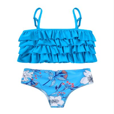 iiniim Kids Girls Flounce Ruffled 2 Piece Bikini Tankini Swimsuit Bathing Suit Camisole Top Bottoms Blue 14
