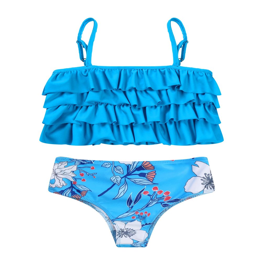 iiniim Kids Girls Flounce Ruffled 2 Piece Bikini Tankini Swimsuit Bathing Suit Camisole Top Bottoms Blue 14