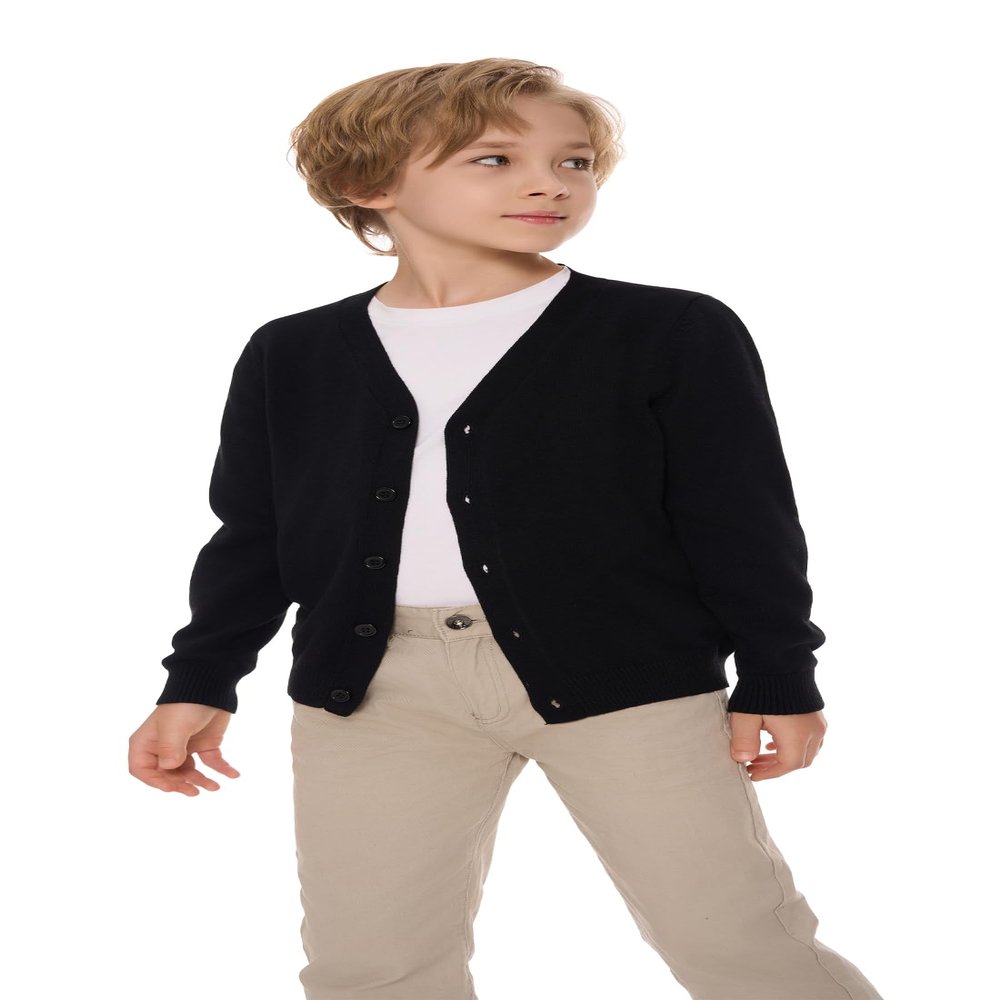 SMINLING Pinker Boys School Uniform Cardigan Sweater V-Neck Soft Cotton Clothing(Black,8-9 Years)