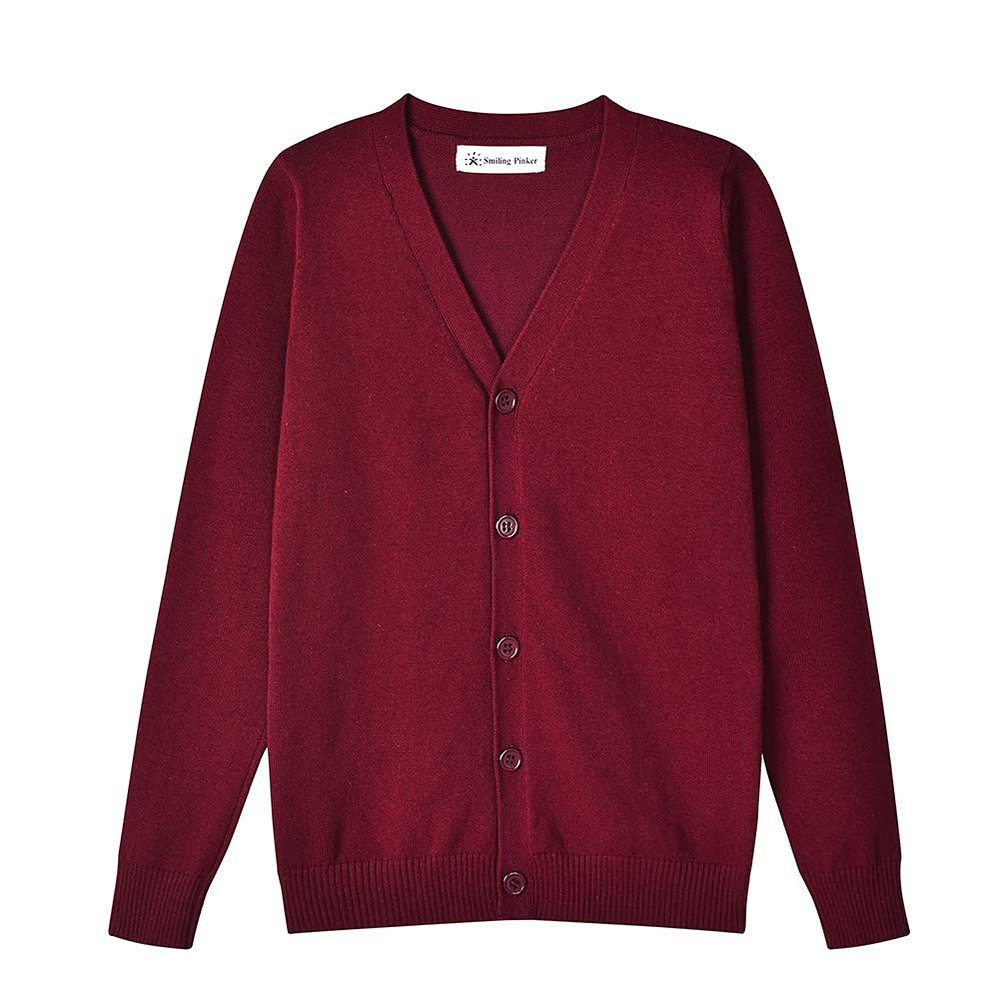 SMINLING Pinker Boys School Uniform Cardigan Sweater V-Neck Soft Cotton Clothing(Burgundy,7-8 Years)