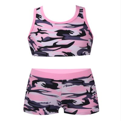 Freebily Kids Girls Camouflage Two Pieces Swimsuit Racer Back Boyshorts Dance Outfits Camouflage Pink 16