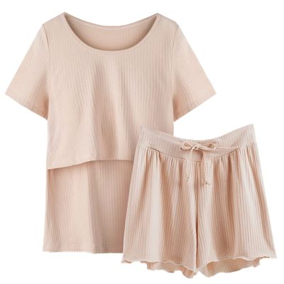 Women's Maternity Nursing Pajamas Outfit, Short Sleeves Pregnancy Breastfeeding Tops Shorts Sleepwear, Beige, US Medium = Tag XL