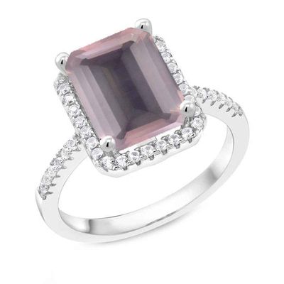 Gemsonclick Natural-Rose Quartz Emerald Cut Engagement Ring 925 Sterling Silver Halo Proposal Ring Gemstone Jewelry For Gifts Available in Size 9