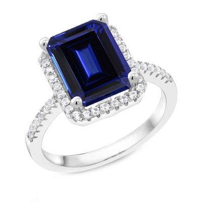 Gemsonclick Created-Blue Sapphire Emerald Cut Engagement Ring 925 Sterling Silver Halo