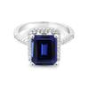 Gemsonclick Created-Blue Sapphire Emerald Cut Engagement Ring 925 Sterling Silver Halo view 2