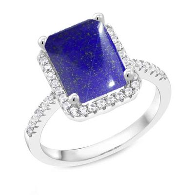 Gemsonclick Natural-Lapis Lazuli Emerald Cut Engagement Ring 925 Sterling Silver Halo