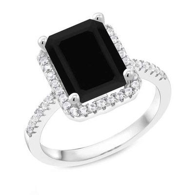 Gemsonclick Natural-Black Onyx Emerald Cut Engagement Ring 925 Sterling Silver Halo
