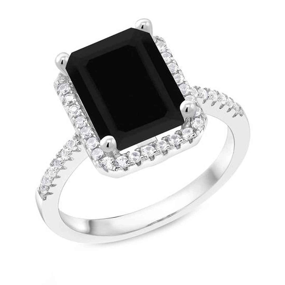 Gemsonclick Natural-Black Onyx Emerald Cut Engagement Ring 925 Sterling Silver Halo