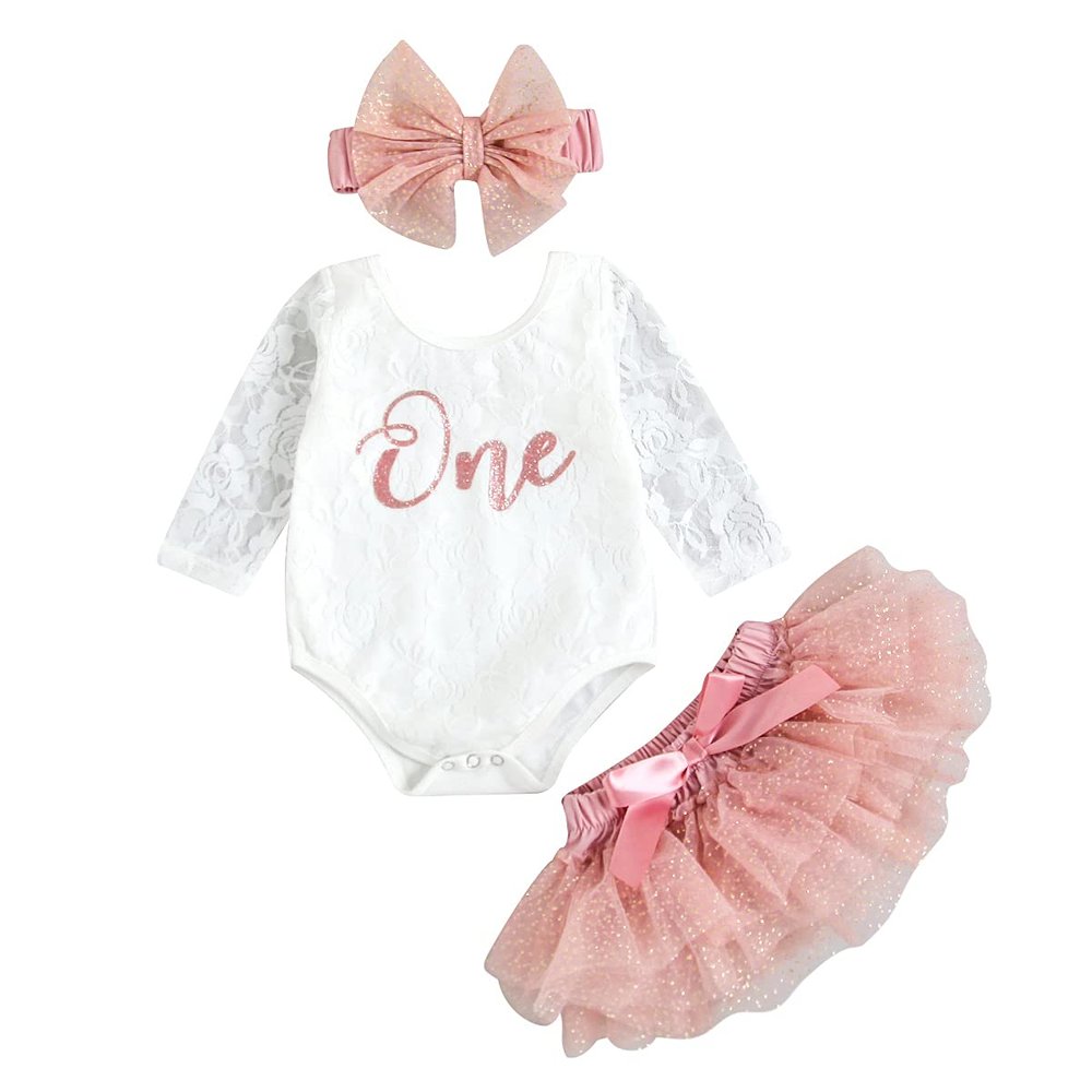 Baby Girls My 1st Birthday Outfits Long Sleeve Floral Lace Romper + Tutu Skirt + Headband Set (Pink, 18-24 Months)