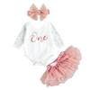 Baby Girls My 1st Birthday Outfits Long Sleeve Floral Lace Romper + Tutu Skirt + Headband Set (Pink, 18-24 Months) view 1
