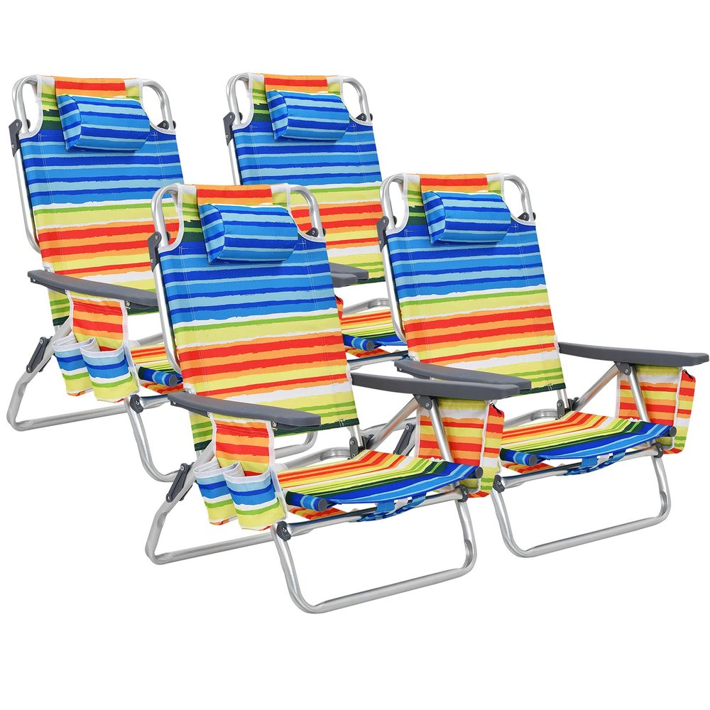 Giantex Beach Chair 4-Pack Sling Camping Chair, Sunbathing Chairs with 5 Adjustable Position, Head Pillow, Storage Bag, Towel Bar, Cup Holders, Folding Fishing Backpack Lawn Chairs