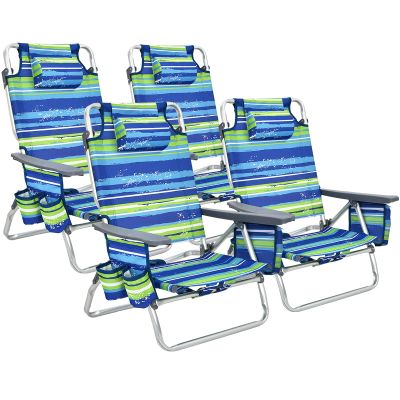 Giantex Beach Chair 4-Pack Sling Camping Chair, Sunbathing Chairs with 5 Adjustable Position, Head Pillow, Storage Bag, Towel Bar, Cup Holders, Folding Fishing Backpack Lawn Chairs