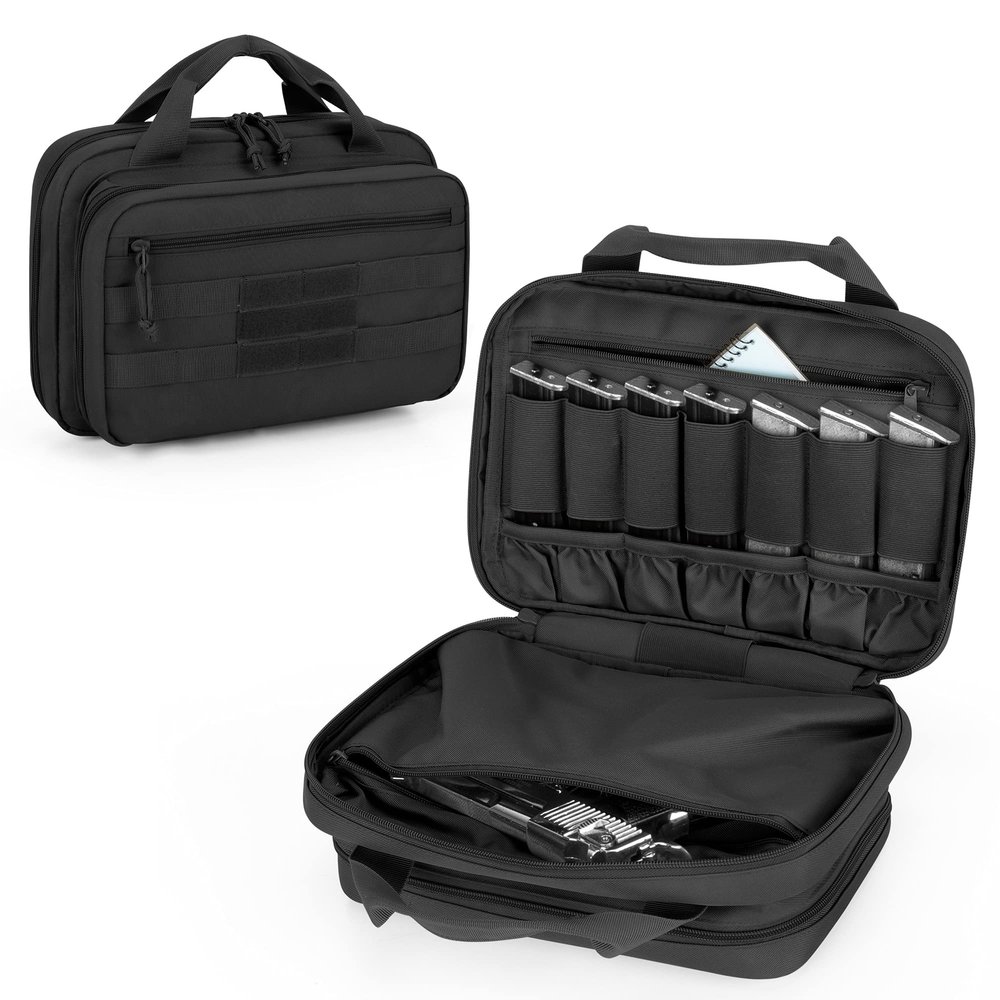 DSLEAF Tactical Gun Range Bag with 2 Handguns Capacity, Soft Pistol Case for Handguns with 8X Magazine Slots, Lockable Zipper and Extra Pockets