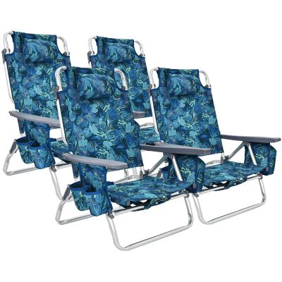 Giantex Beach Chair 4-Pack Sling Camping Chair, Sunbathing Chairs with 5 Adjustable Position, Head Pillow, Storage Bag, Towel Bar, Cup Holders, Folding Fishing Backpack Lawn Chairs