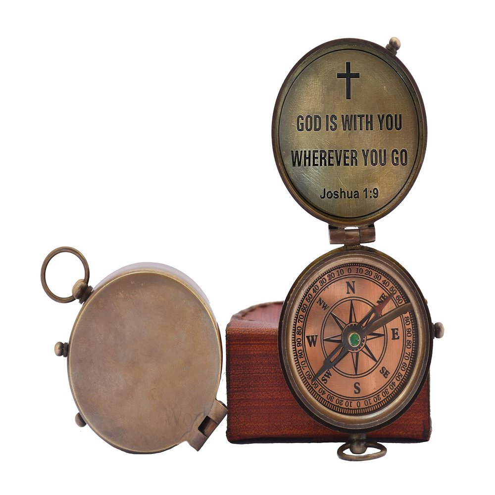 Antique Nautical Vintage Directional Magnetic Compass with Famous Scripture Quote Engraved Baptism Gifts with Leather Case for Loved Ones, Son, Father, Fianc. (God is with You Wherever You Go)