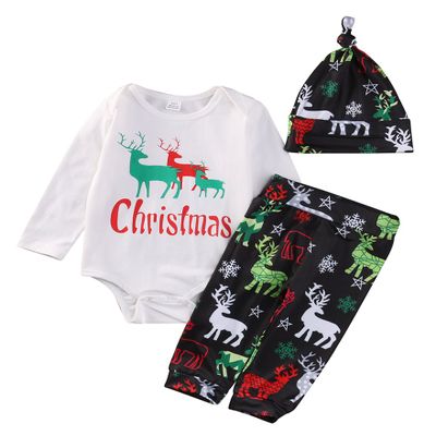 Zekky Newborn Baby Boy Deer Printed White Romper Top Camouflage Pants Set 3Pcs, White-2, 9-12 Months
