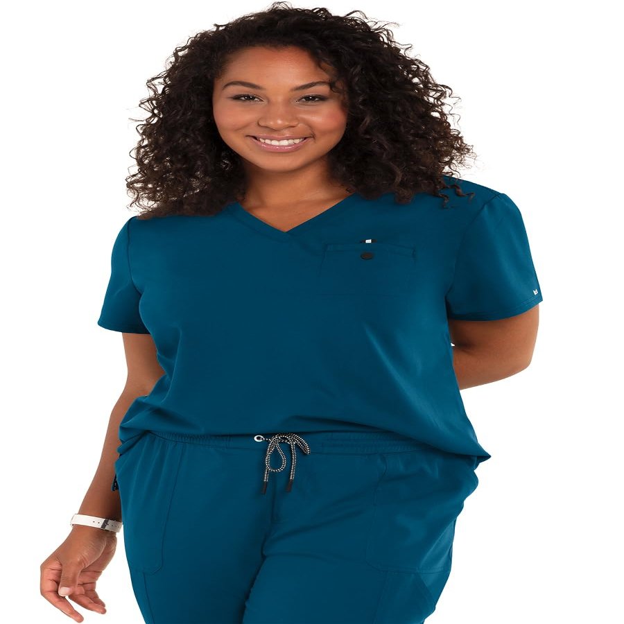 KOI Next Gen Ready to Work Women's 1-Pocket Tuck-in Scrub Top Caribbean Blue XX-Large