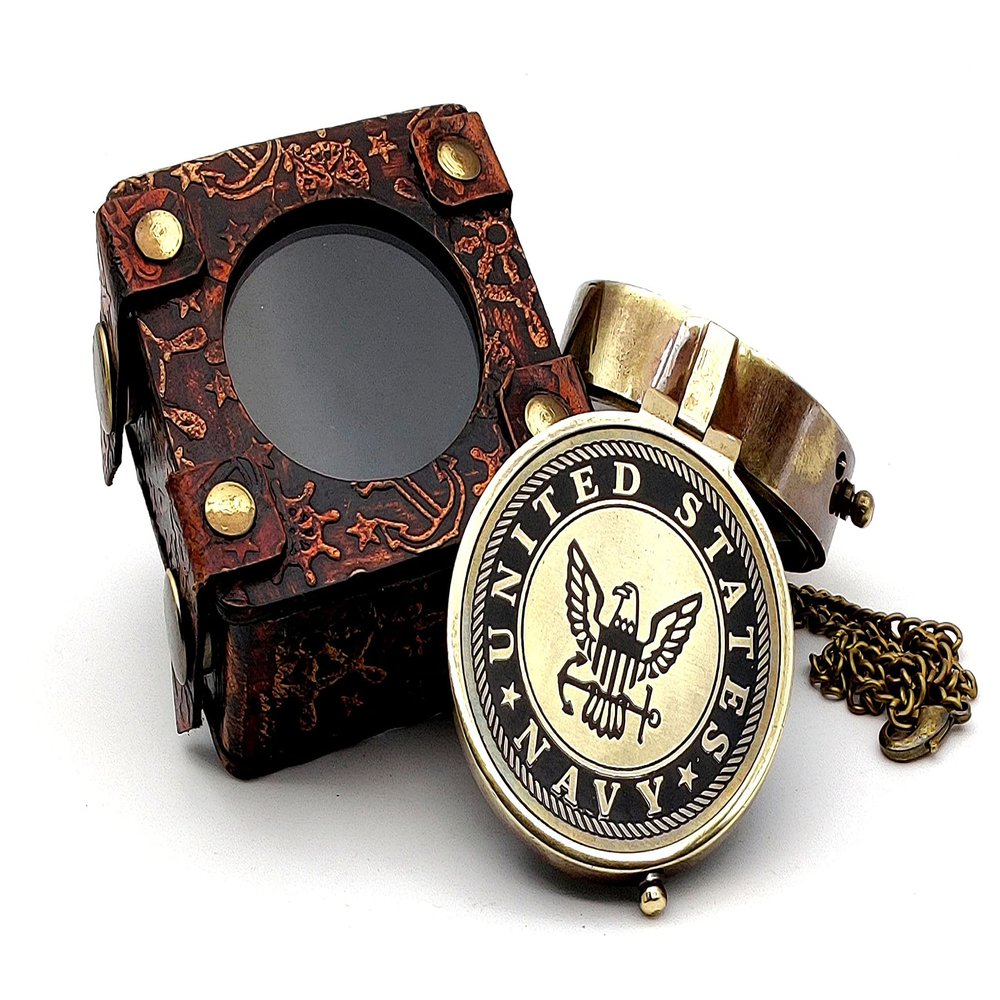 5MoonSun5's US Navy Engraved Brass Military Compass Nautical Marine Gift A Perfect and Unique Gift for Army Person Survival Navigation Compass for Hiking Camping Hunting with Leather Display Case