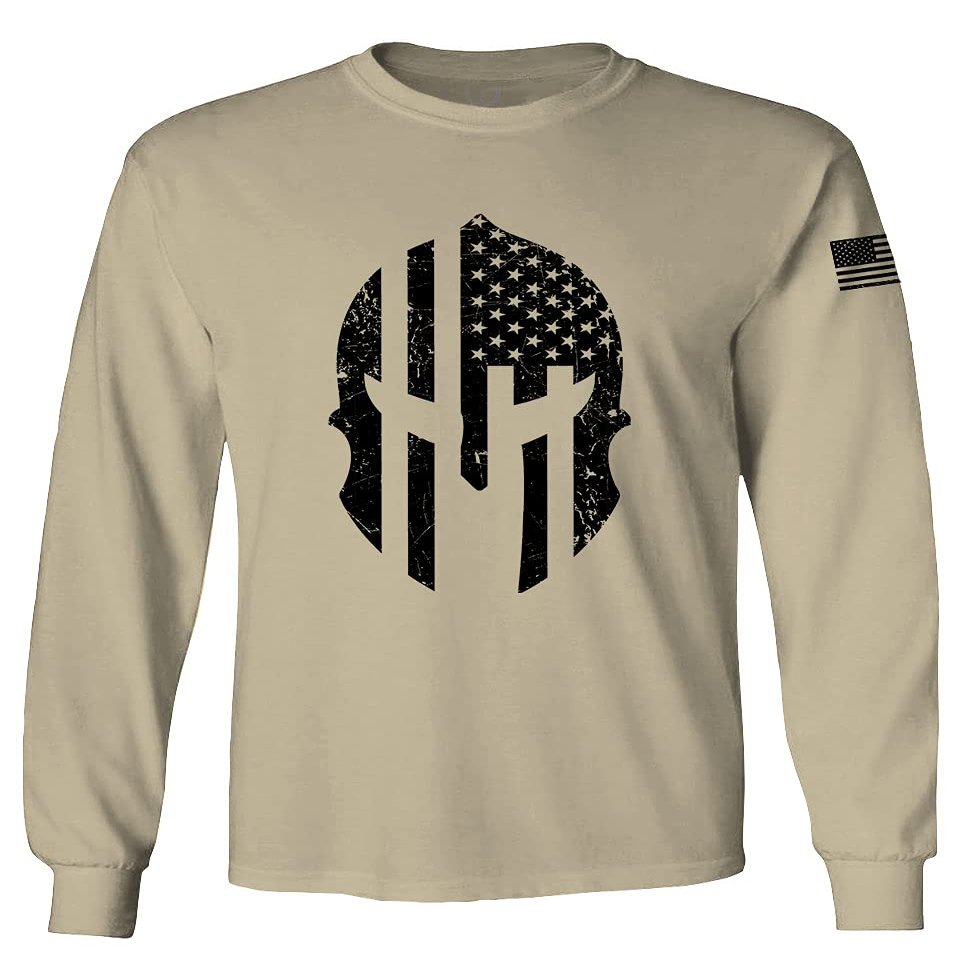 0146. Military Patriotic Molon Labe Spartan Helmet American Flag Men's Long Sleeve t Shirt (Beige Small)