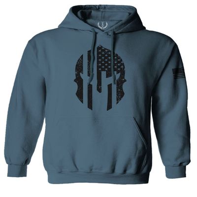 0146. Military Patriotic Molon Labe Spartan Helmet American Flag Sweatshirt Pullover Hoodie (Indigo Blue, Large)