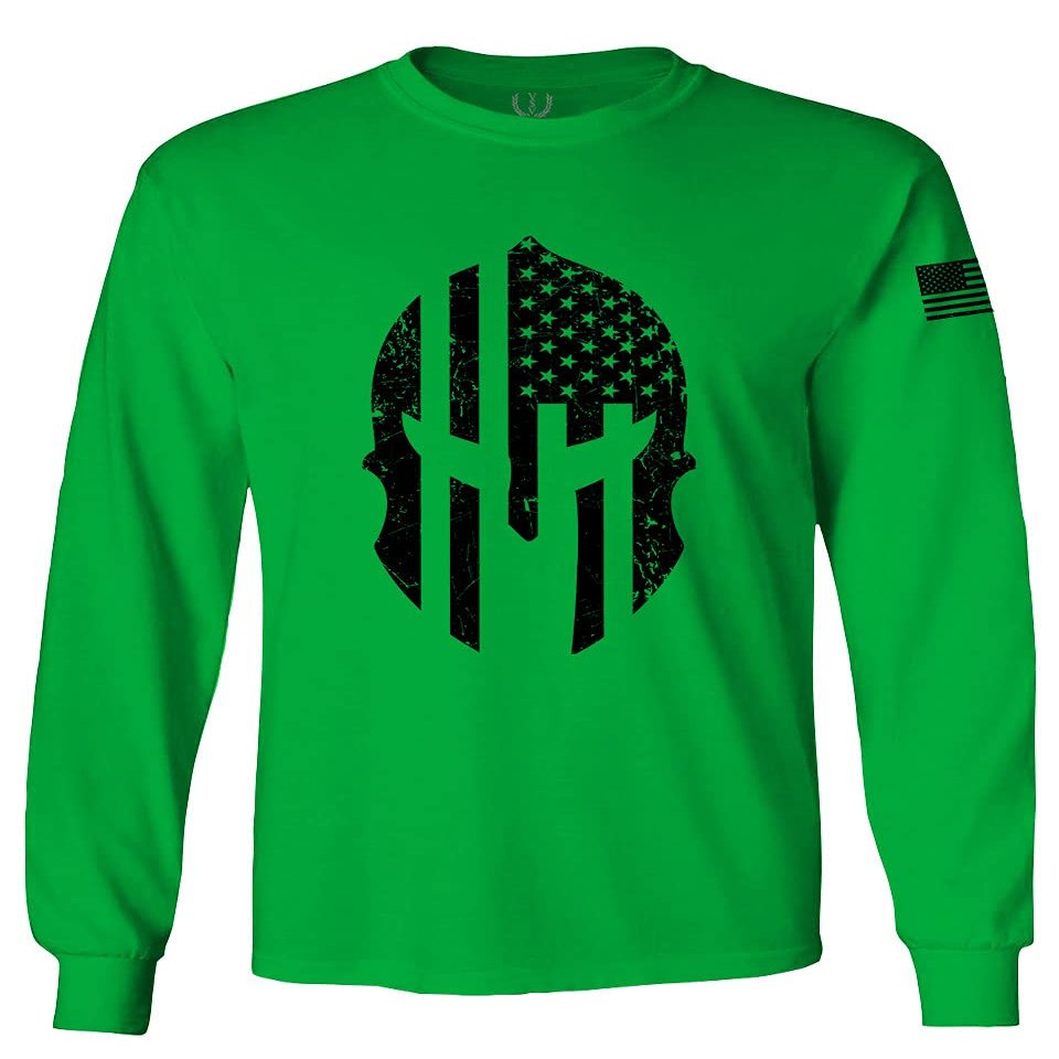 0146. Military Patriotic Molon Labe Spartan Helmet American Flag Men's Long Sleeve t Shirt (Irish Green Small)