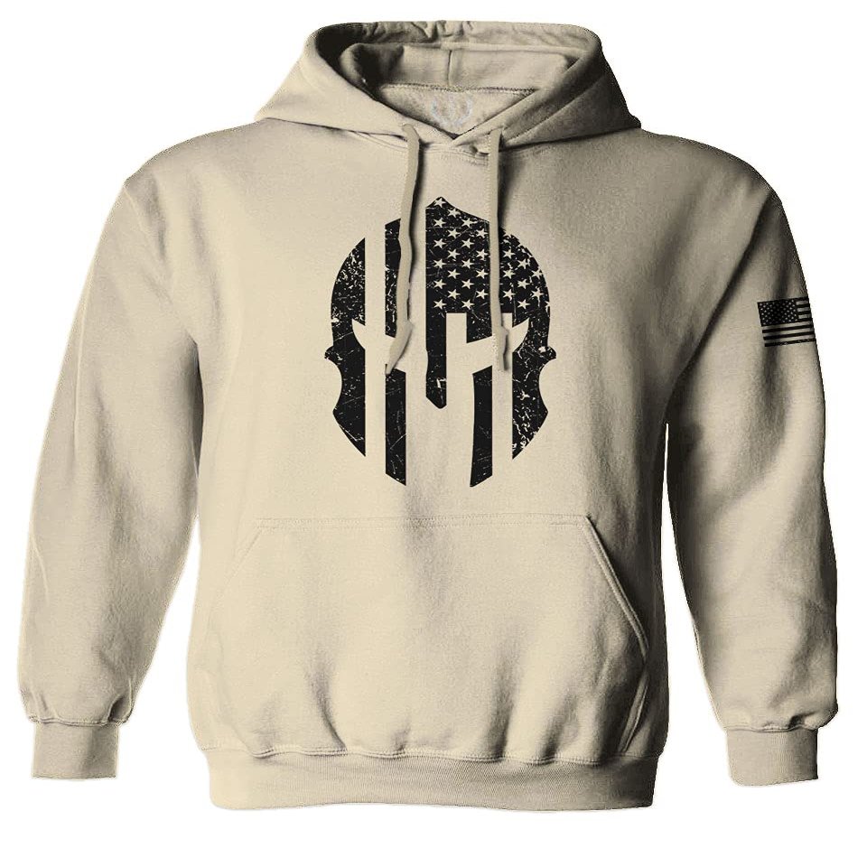 0146. Military Patriotic Molon Labe Spartan Helmet American Flag Sweatshirt Pullover Hoodie (Beige, Medium)