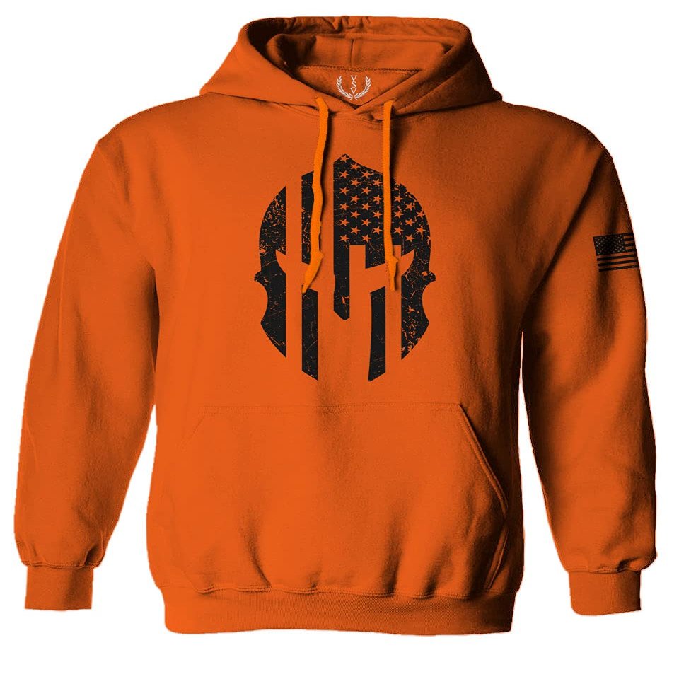 0146. Military Patriotic Molon Labe Spartan Helmet American Flag Sweatshirt Pullover Hoodie (Orange, Small)
