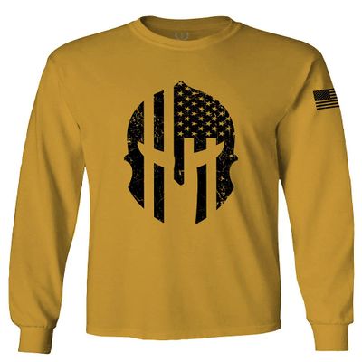 0146. Military Patriotic Molon Labe Spartan Helmet American Flag Men's Long Sleeve t Shirt (Gold Medium)