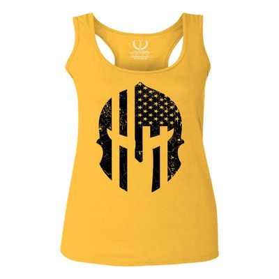 0146. Military Patriotic Molon Labe Spartan Helmet American Flag Women's Tank Top Racerback (Gold Large)