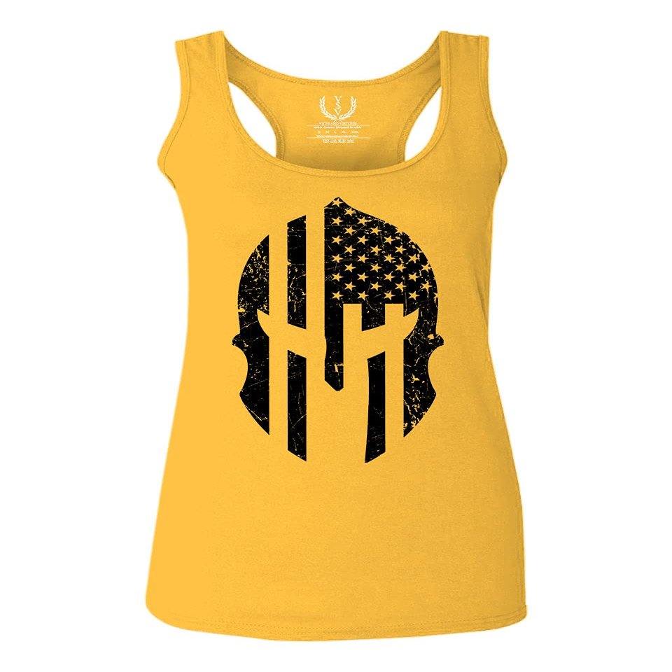 0146. Military Patriotic Molon Labe Spartan Helmet American Flag Women's Tank Top Racerback (Gold Large)