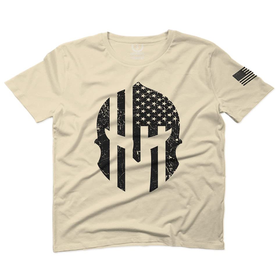 0146. Military Patriotic Molon Labe Spartan Helmet American Flag for Men T Shirt (Beige 2X-Large)