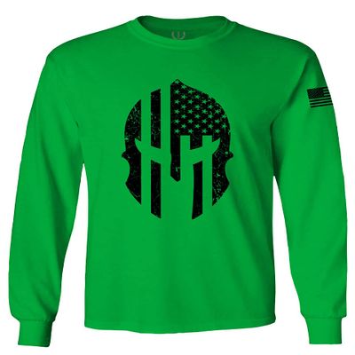 0146. Military Patriotic Molon Labe Spartan Helmet American Flag Men's Long Sleeve t Shirt (Irish Green X-Large)
