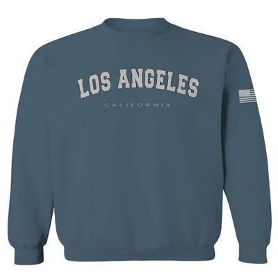 VICES AND VIRTUESS 0377. Los Angeles California Cali LA Retro Graphic Men's Crewneck Sweatshirt (Indigo Blue Medium)