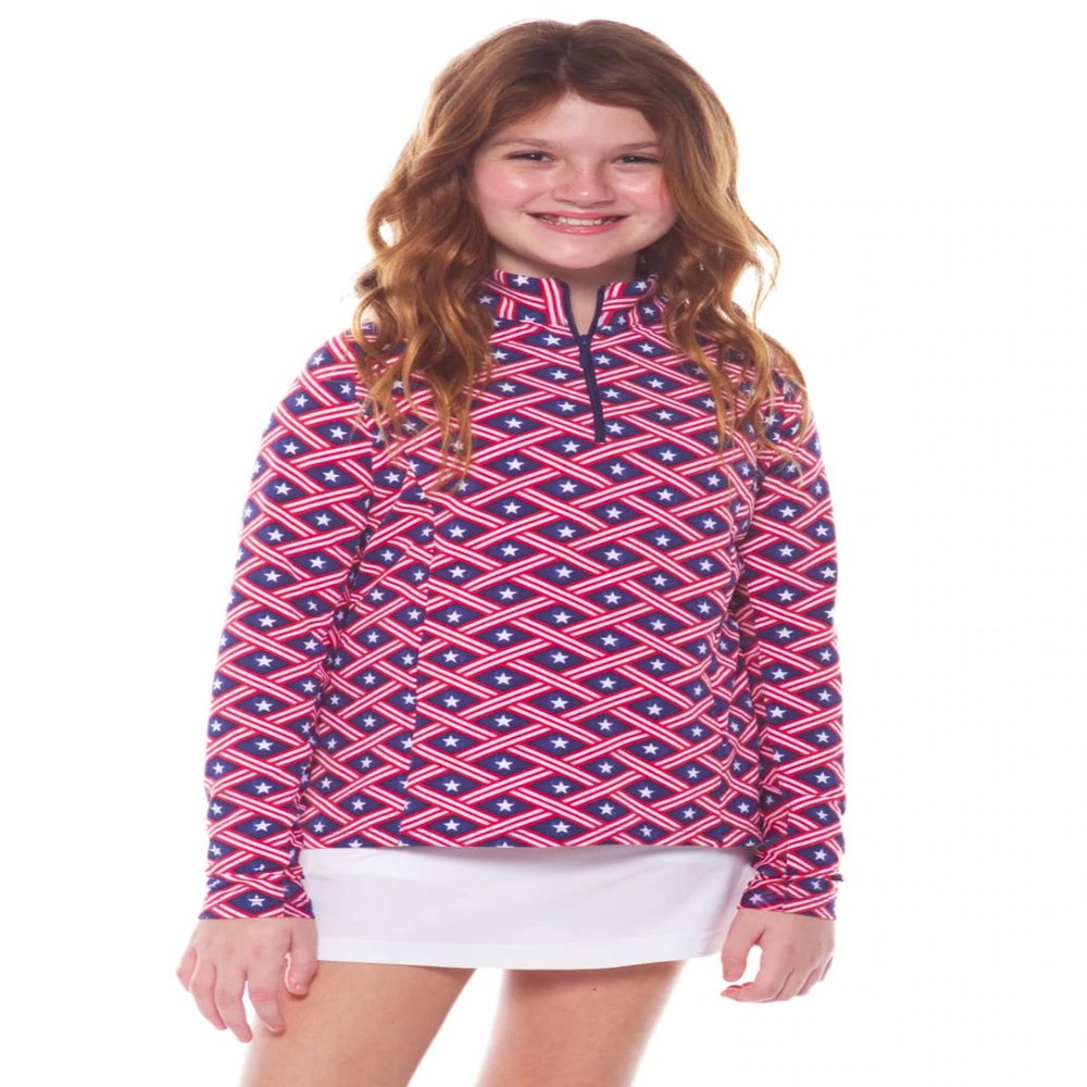 IBKUL Girls Sun Protective UPF 50+ Cooling Americana Print Long Sleeve Mock Neck Top - 10977G Navy/Red Americana L