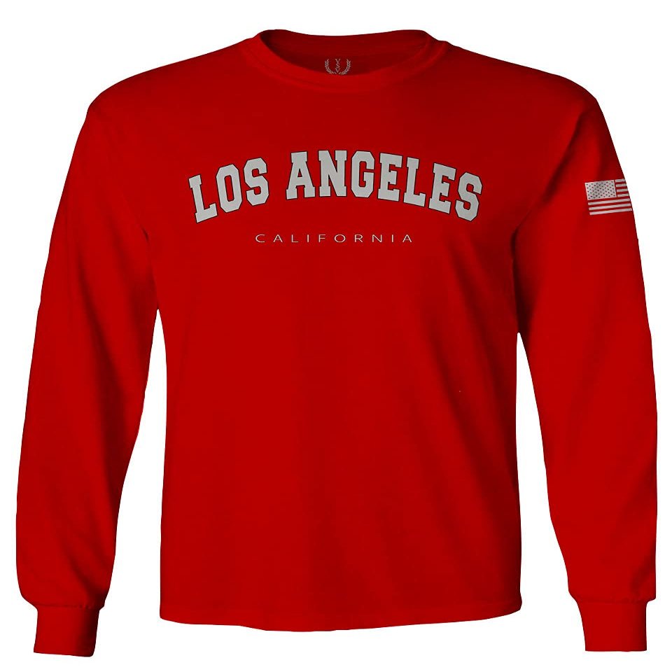 0377. Los Angeles California Cali LA Retro Graphic Men's Long Sleeve t Shirt (Red, Medium)