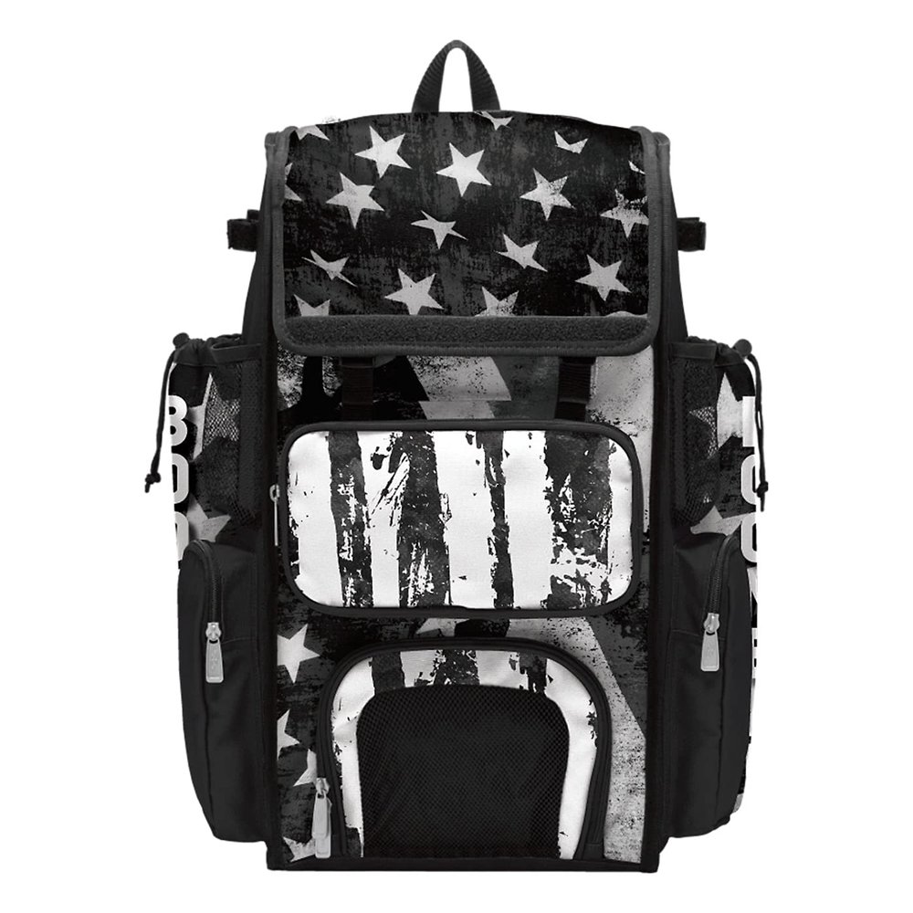Boombah Superpack Bat Bag - Backpack Version (no wheels) - Holds 4 Bats - USA Stars & Stripes Black Ops Black/White