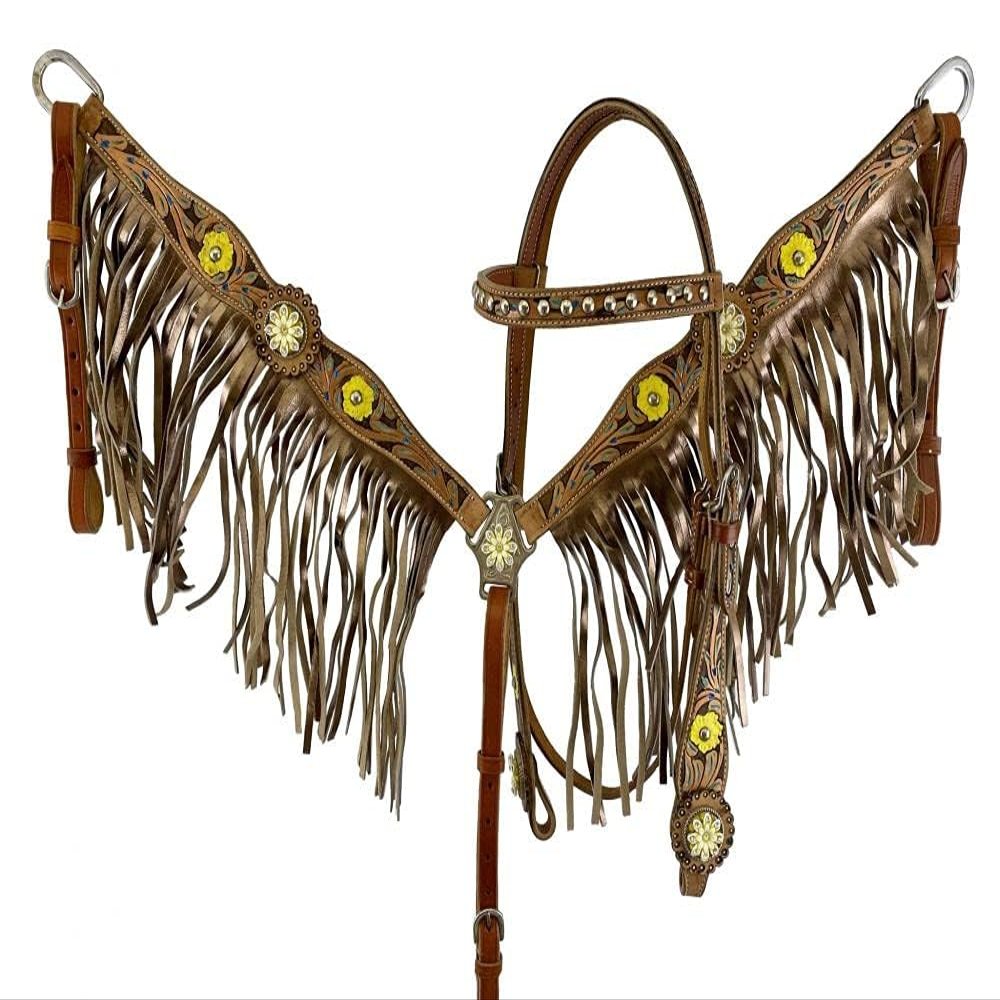Showman Hand Painted Floral Accent Headstall & Breast Collar Set w/Fringe