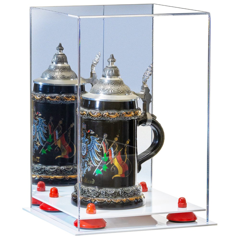 Better Display Cases Acrylic Versatile Display Case Display Case - Medium Square Box with Mirror Case, Red Risers and White Base 8" x 8" x 12" (V42/A060)